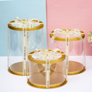 Wholesale gold round cake boxes with windows, 4, 6, 8, 10, and 12 inch sizes, single-layer, double-layer, and tall styles.