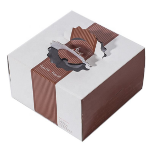 Custom-designed, color-printed cake boxes with transparent windows and handles.