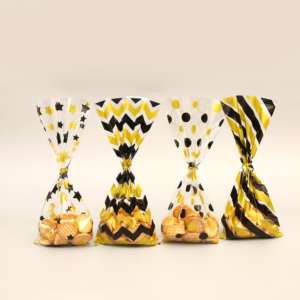 New baking packaging bags, gold polka dot striped candy bags, 50-pack party food bags, OPP bags