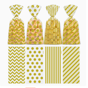 Hot-selling export-grade vertical striped snack and biscuit bags with gold polka dot stripes and candy bags